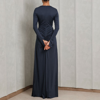 VICTORIA BECKHAM ruched detail gown polyester blue waist-defining pleat detailing long sleeve curved neckline