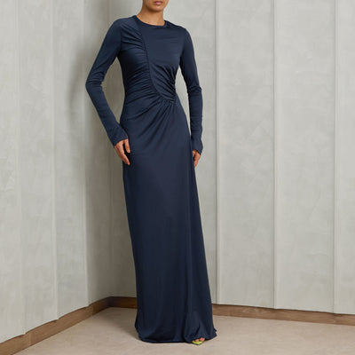 VICTORIA BECKHAM ruched detail gown polyester blue waist-defining pleat detailing long sleeve curved neckline 