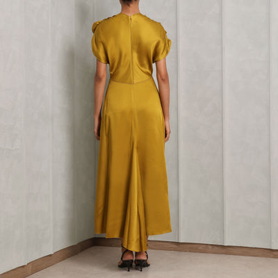 VICTORIA BECKHAM ruffled midi dress acetate gold draped silhouette with plunging V-neckline with frills