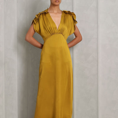 VICTORIA BECKHAM ruffled midi dress acetate gold draped silhouette with plunging V-neckline with frills