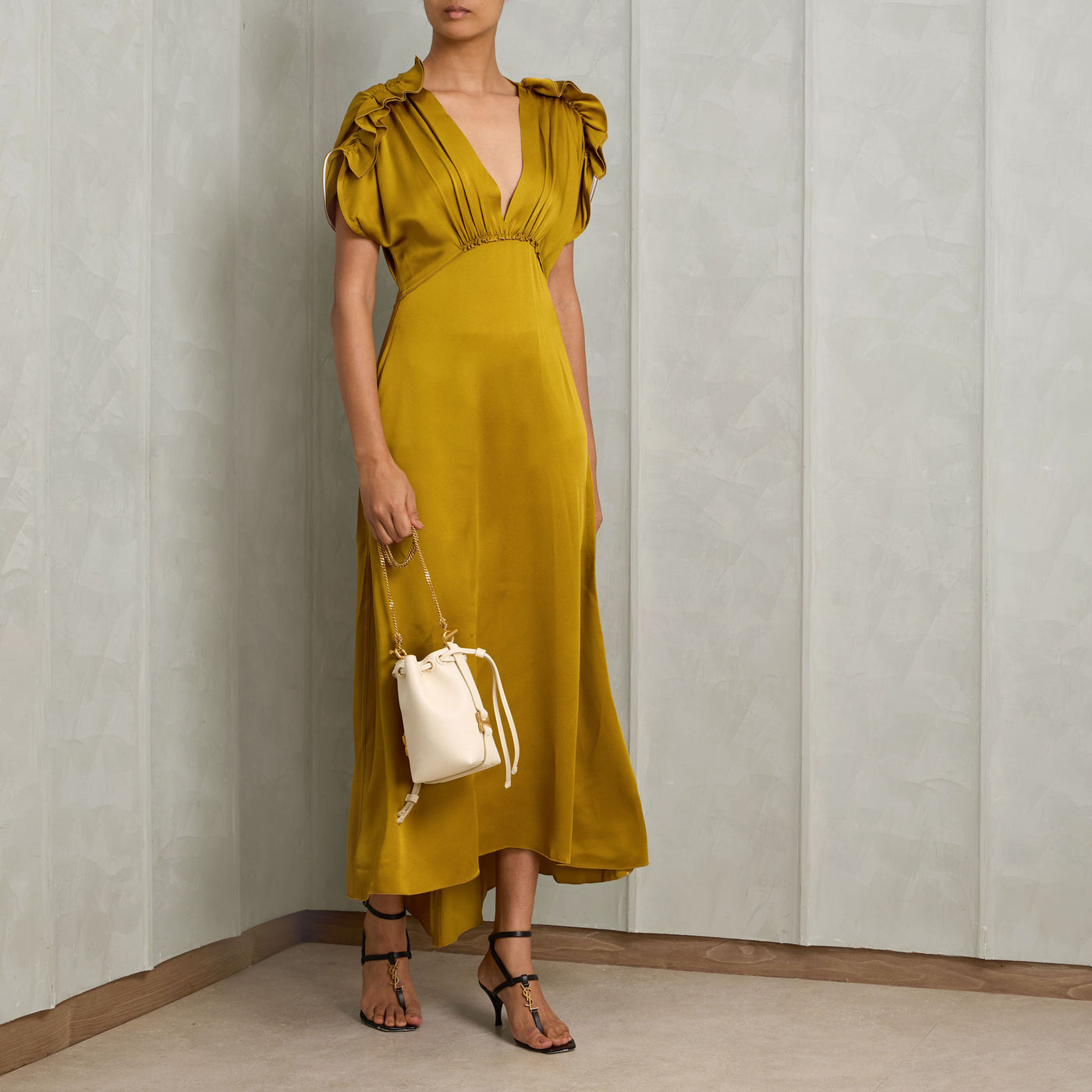 VICTORIA BECKHAM ruffled midi dress acetate gold draped silhouette with plunging V-neckline with frills