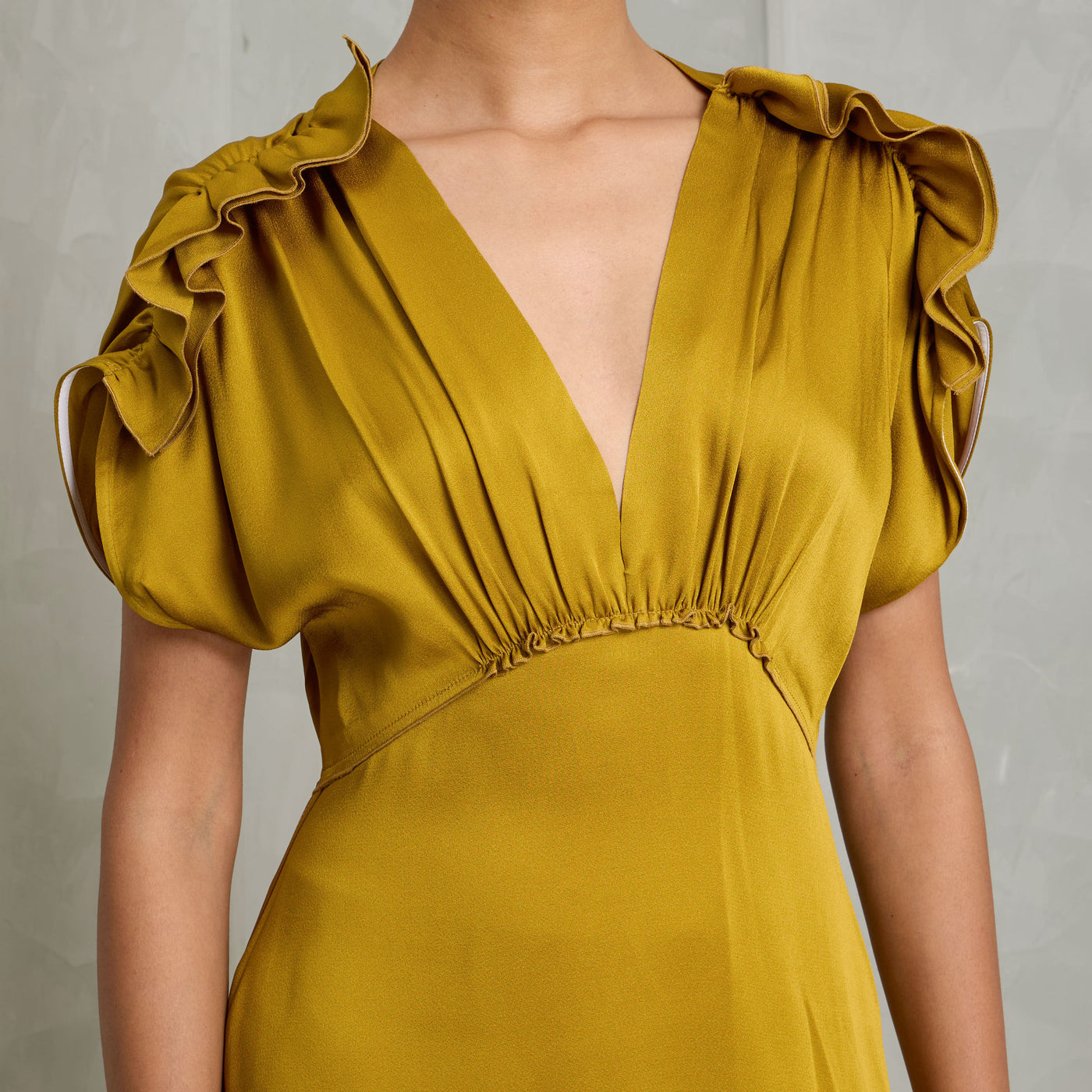 VICTORIA BECKHAM ruffled midi dress acetate gold draped silhouette with plunging V-neckline with frills