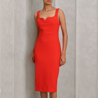 VICTORIA BECKHAM fitted t-shirt dress poly-wool blend red body-hugging silhouette with sweetheart neckline mid length 