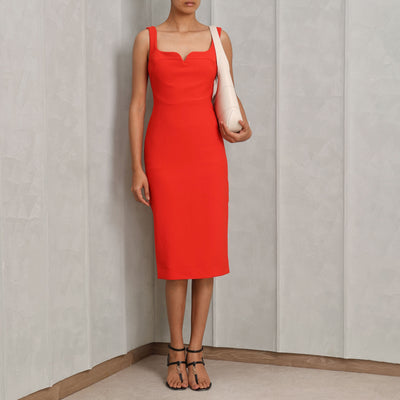 VICTORIA BECKHAM fitted t-shirt dress poly-wool blend red body-hugging silhouette with sweetheart neckline