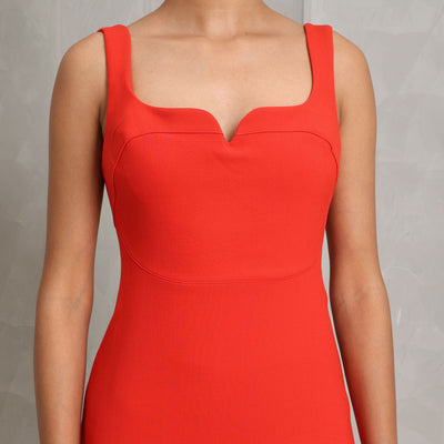 VICTORIA BECKHAM fitted t-shirt dress poly-wool blend red body-hugging silhouette with sweetheart neckline and wide straps