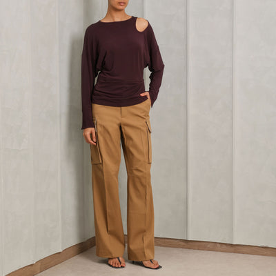 VICTORIA BECKHAM twist detail jersey top viscose brown round fitted round neck drop shoulder with teardrop-shaped cut-out 