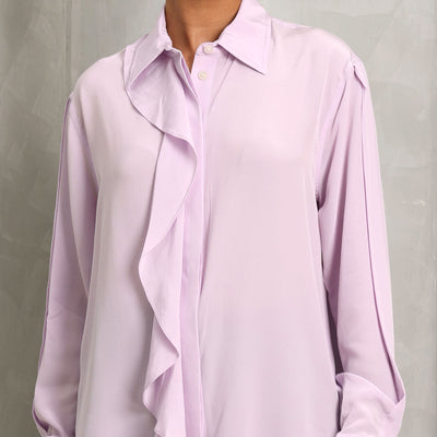 VICTORIA BECKHAM asymmetrical ruffle blouse silk purple regular fit pointed collar buttoned cuffs and front button fastening