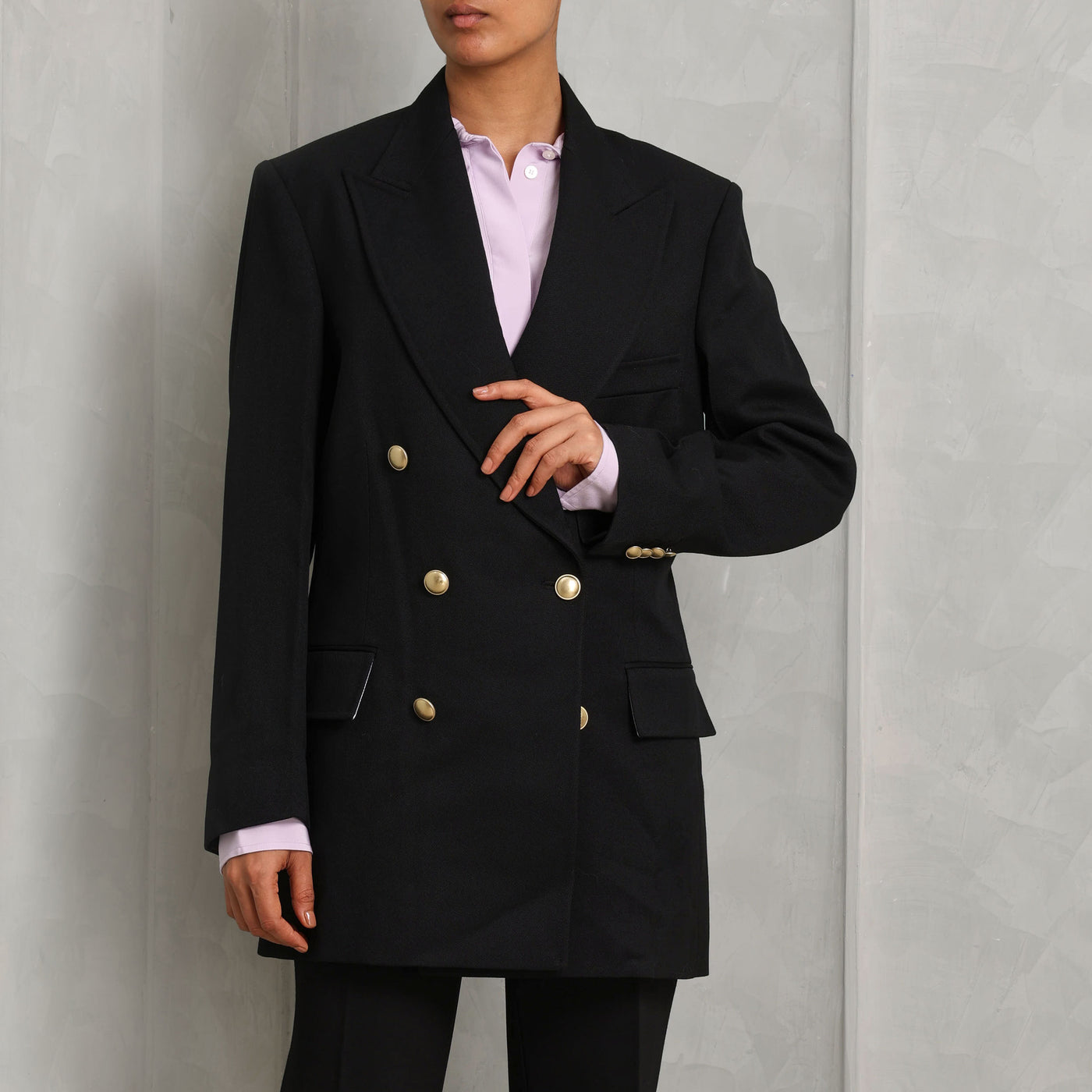 VICTORIA BECKHAM button detail jacket poly-wool black double breasted contrast front button fastening and front pockets with lapel collar and low breakline