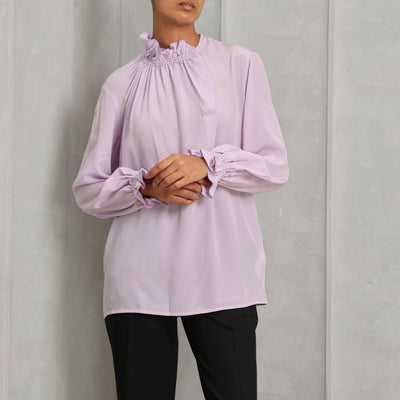 VICTORIA BECKHAM ruffle neck blouse silk purple regular fit ruched ruffle detailing at the neck and cuffs