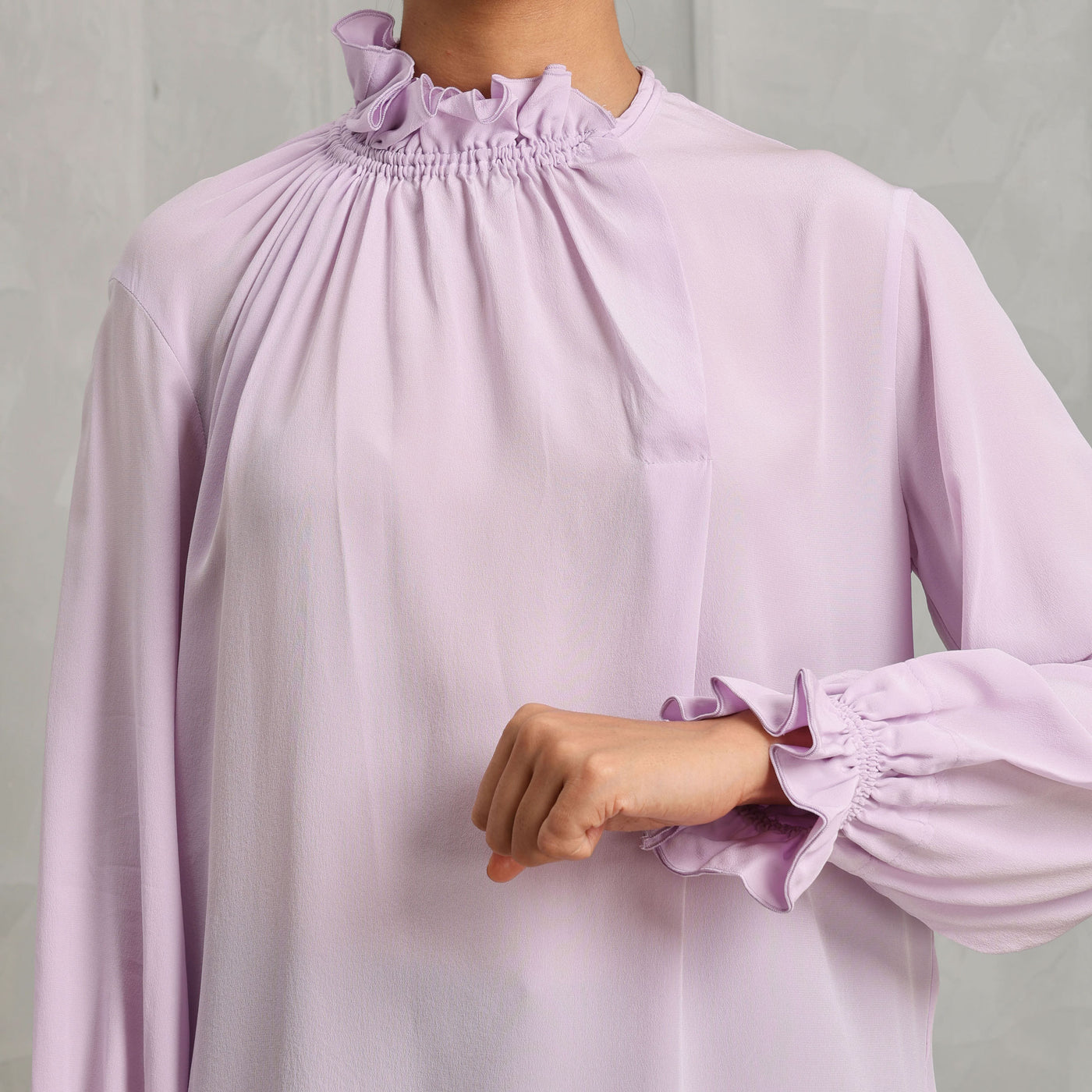 VICTORIA BECKHAM ruffle neck blouse silk purple regular fit ruched ruffle detailing at the neck and cuffs