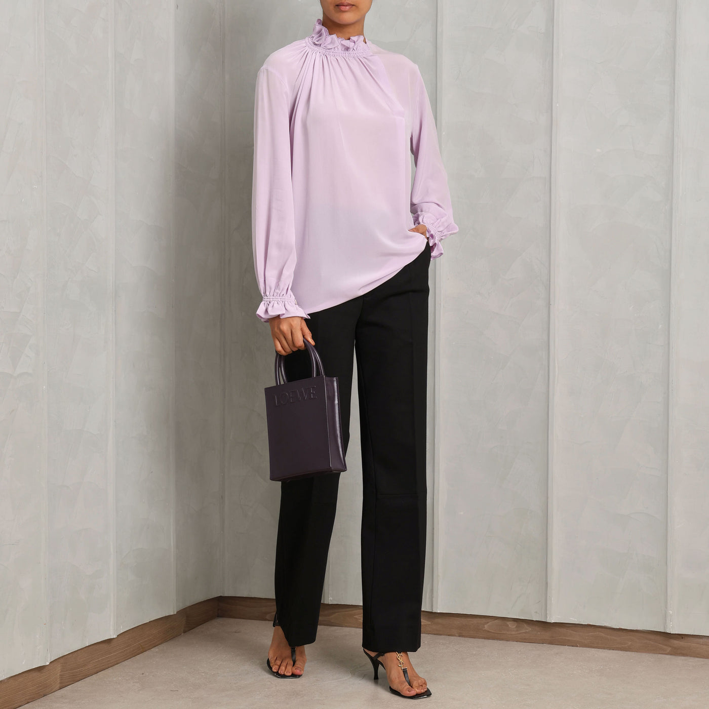 VICTORIA BECKHAM ruffle neck blouse silk purple regular fit ruched ruffle detailing at the neck and cuffs