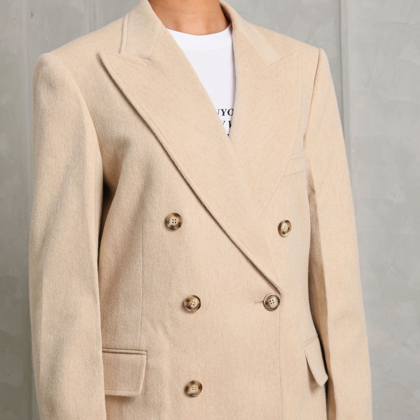 VICTORIA BECKHAM button detail jacket wool-cashmere beige double breasted contrast front button fastening and front pockets with lapel collar and low breakline