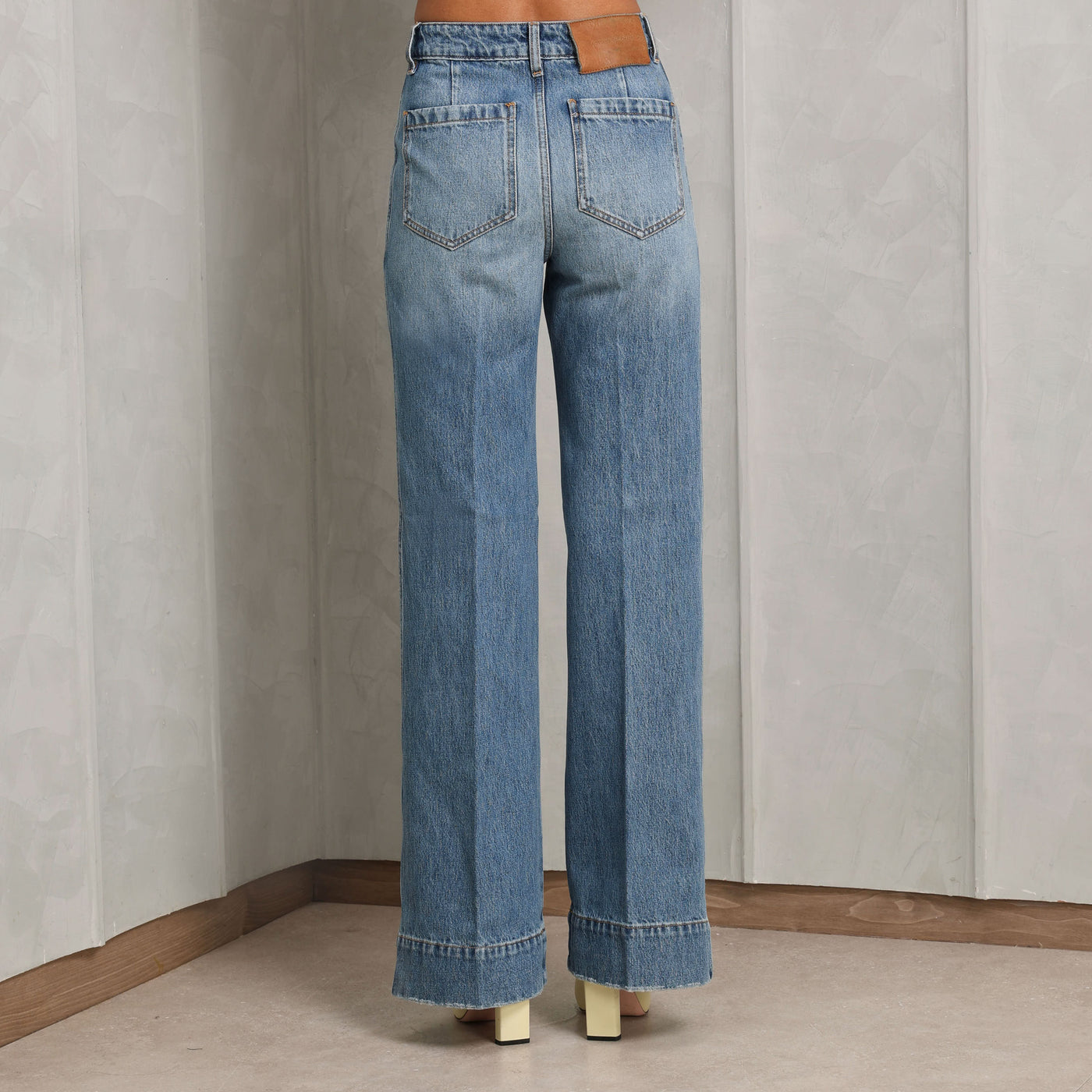 VICTORIA BECKHAM alina jeans pure cotton denim fabric blue super-high waist flared legs with patch pockets