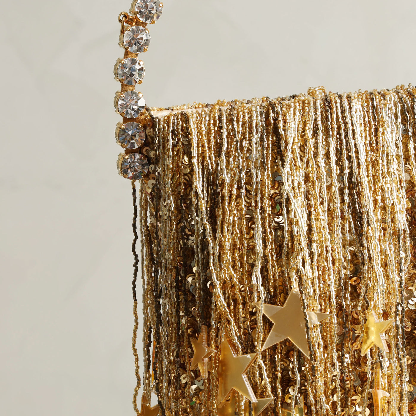 LALINGI Fringe Micro Eternity Clutch gold sequins covered satin with beaded crystal fringes brass and silver plating