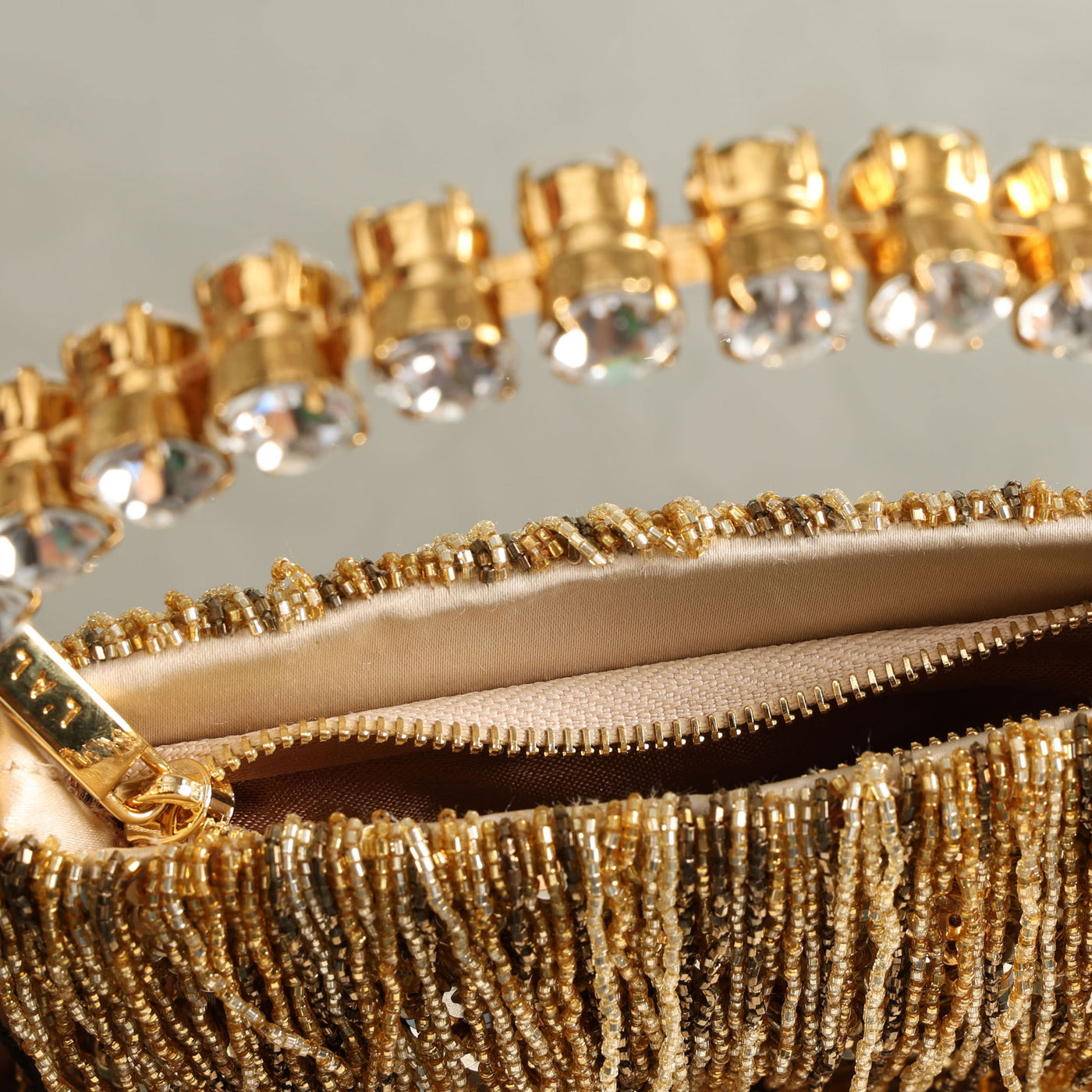 LALINGI Fringe Micro Eternity Clutch gold sequins covered satin with beaded crystal fringes brass and silver plating