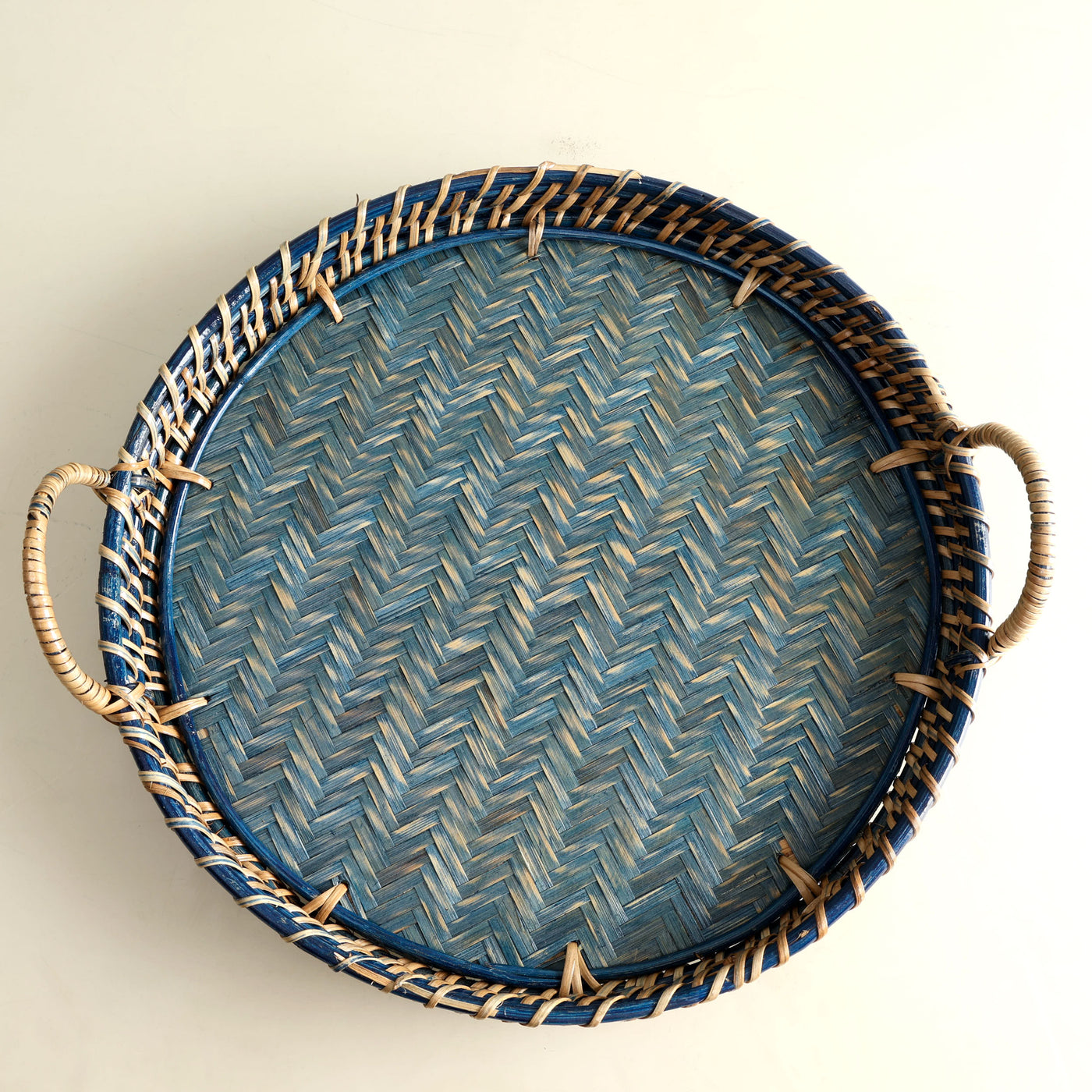 HEIRLOOM NAGA rattan tray woven bamboo and cane with blue finish