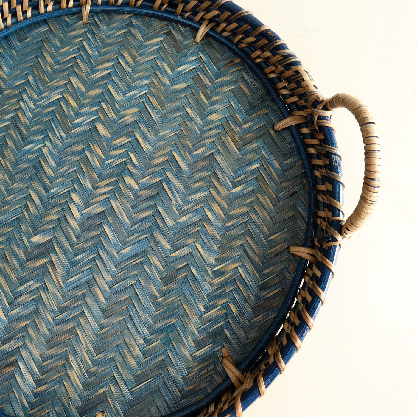 HEIRLOOM NAGA rattan tray woven bamboo and cane with blue finish