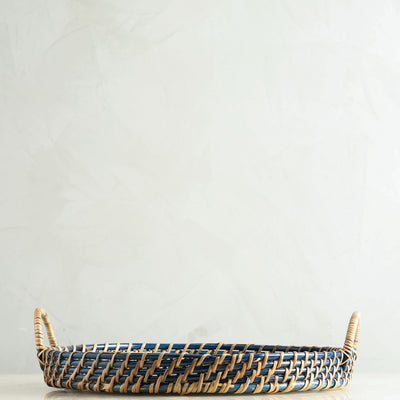 HEIRLOOM NAGA rattan tray woven bamboo and cane with blue finish