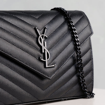 SAINT LAURENT black leather matelasse chain wallet