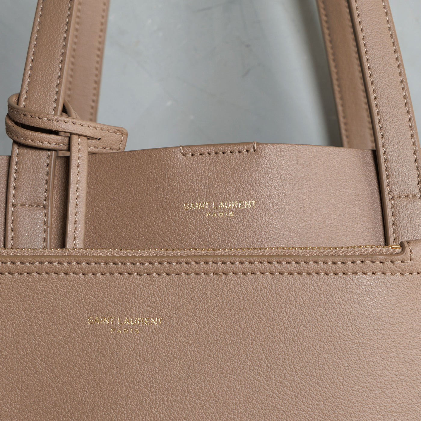 SAINT LAURENT leather dark beige shopping tote bag