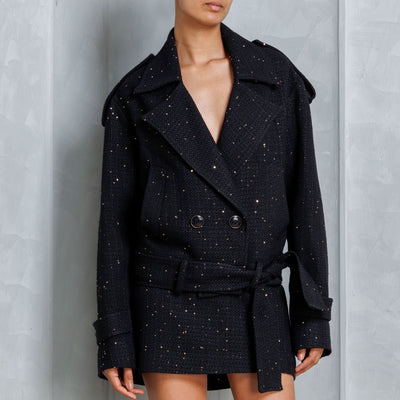 ELIE SAAB Black Relaxed Tweed Jacket with front buttons and a belt