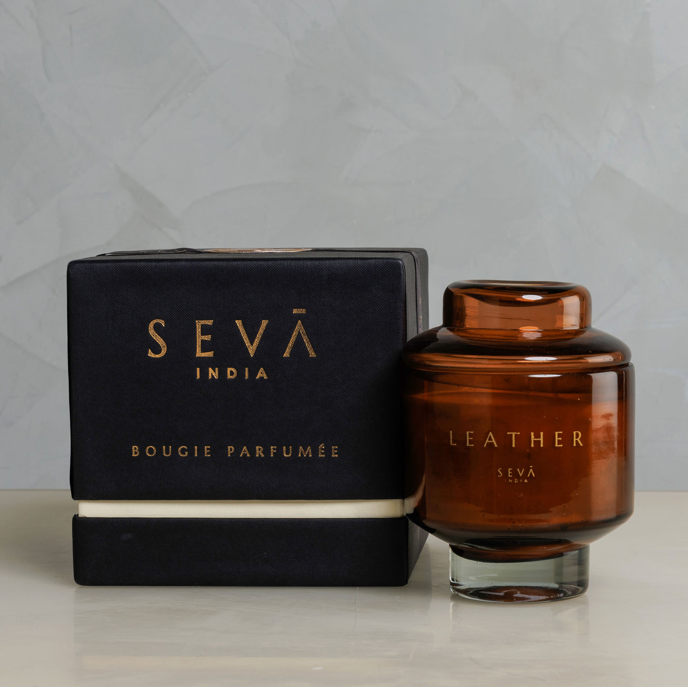 SEVA INDIA Leather Petite Soy Candle in Brown Tinted Glass