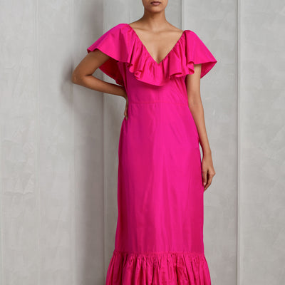 MALIE silk pink maxi ruffled manica dress