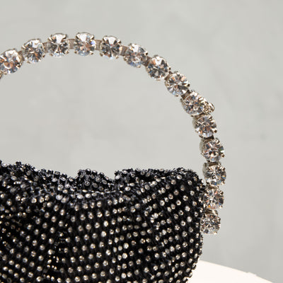 LALINGI Micro Eternity Clutch black fabric brass and silver plating with crystal beading