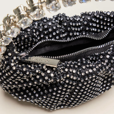 LALINGI Micro Eternity Clutch black fabric brass and silver plating with crystal beading