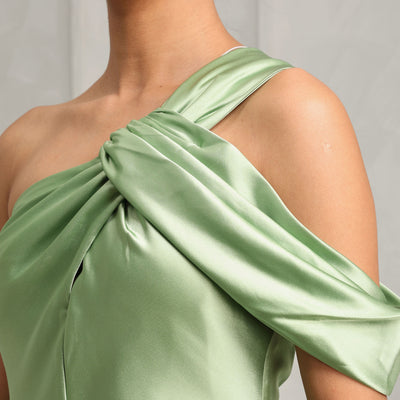 ACLER Hilder Maxi Dress green satin one-shoulder drape design