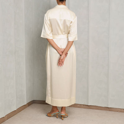 ACLER Nichols Midi Dress white soft satin with collar waist tie detail and sleeve cuff detailing