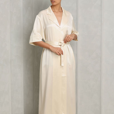 ACLER Nichols Midi Dress white soft satin with collar waist tie detail and sleeve cuff detailing