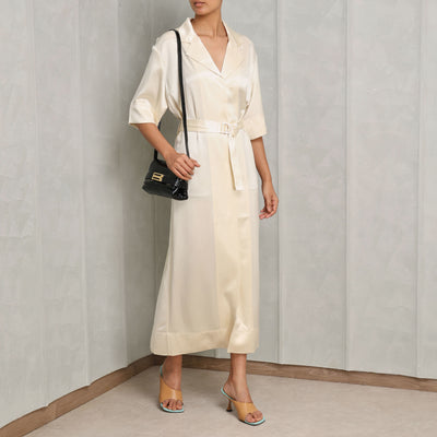 ACLER Nichols Midi Dress white soft satin with collar waist tie detail and sleeve cuff detailing