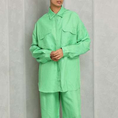 ACLER finchley shirt green oversized drop shoulder design, collared neckline, pocket flaps and button front closure 