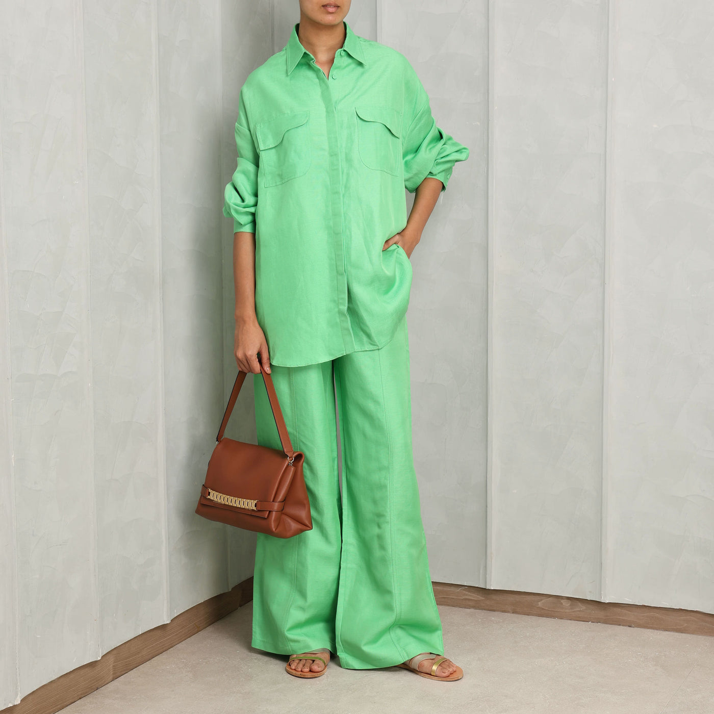 ACLER finchley shirt green oversized drop shoulder design, collared neckline, pocket flaps and button front closure 