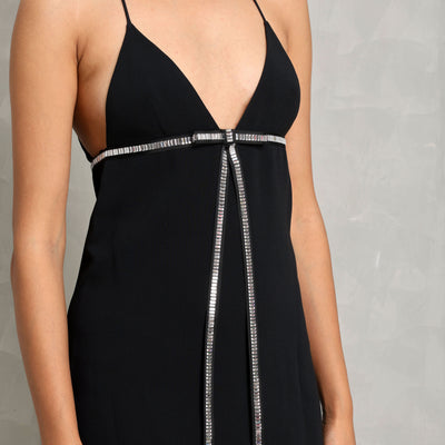 DAVID KOMA Crystal Cami Dress black cady spaghetti strap empire waistline crystal-embroidered grosgrain bow mini dress