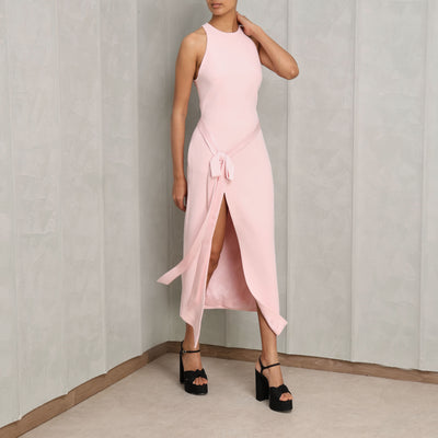 DAVID KOMA Satin Bow Detail Midi Dress pastel pink drop waist satin bow detail