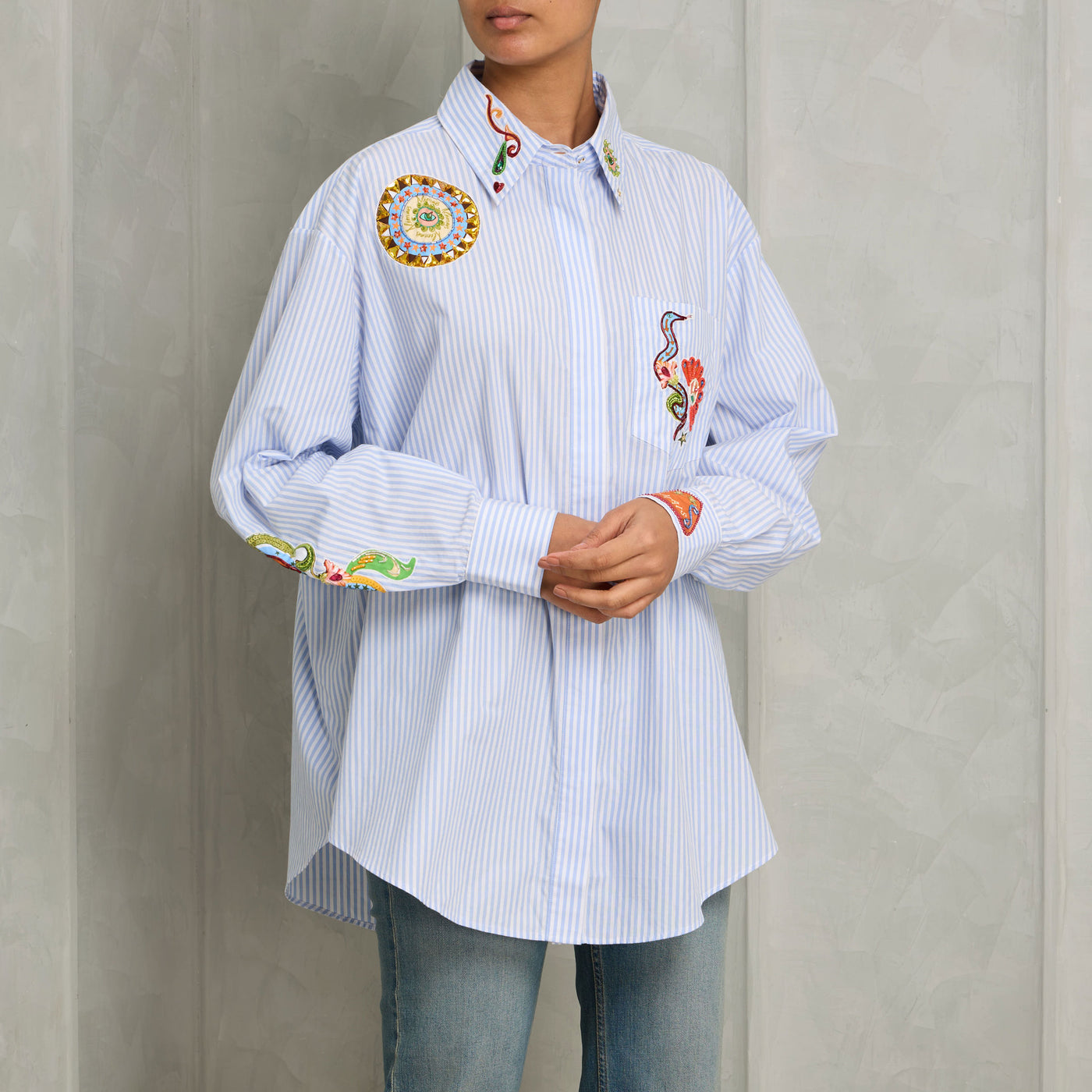 ALEMAIS strike patchwork shirt blue cotton poplin full sleeve pointed collars