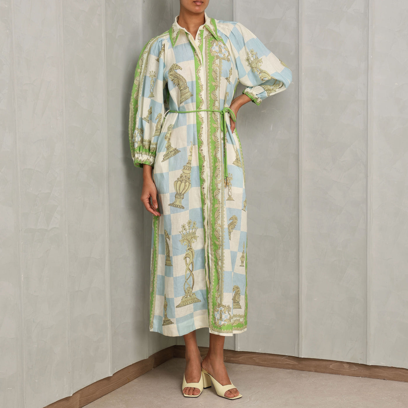 ALEMAIS checkmate shirtdress multicolour pure linen fabric and features a relaxed fit pointed collar puffer sleeve midi dress