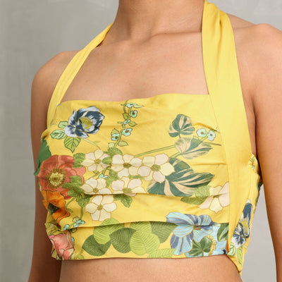 ALEMAIS cresida crop top yellow multicolour linen blend fabric halter neck straps