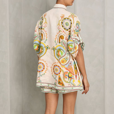 ALEMAIS pinball collared shirt linen multicoloured pointed stand collar, a concealed placket with self-covered eyelet buttons, and a rolled sleeve with button and tab