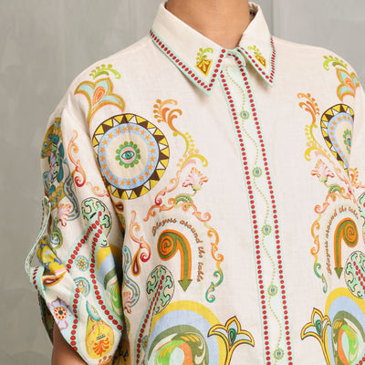 ALEMAIS pinball collared shirt linen multicoloured pointed stand collar, a concealed placket with self-covered eyelet buttons, and a rolled sleeve with button and tab