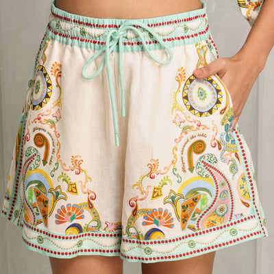 ALEMAIS pinball flared shorts multicolour linen relaxed high-waisted 