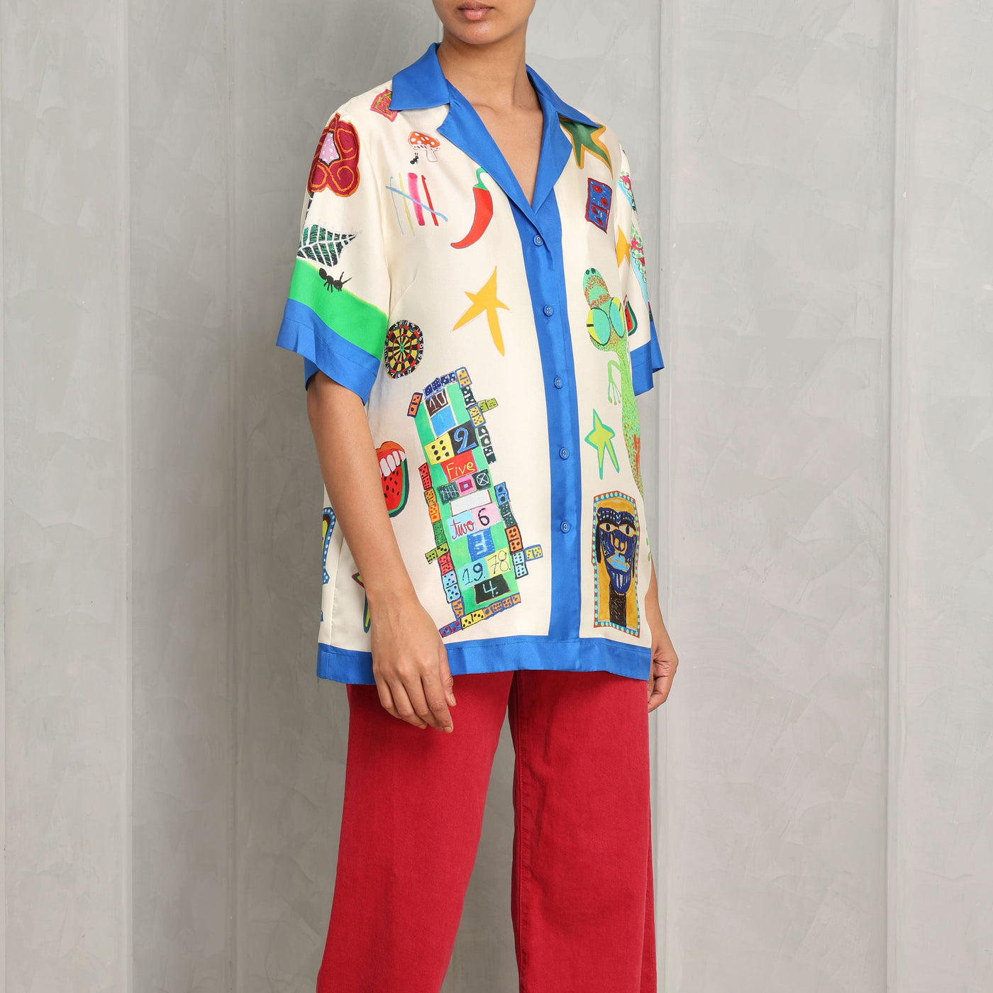 ALEMAIS rollers shirt multicolour pure silk twill contrast print and buttons