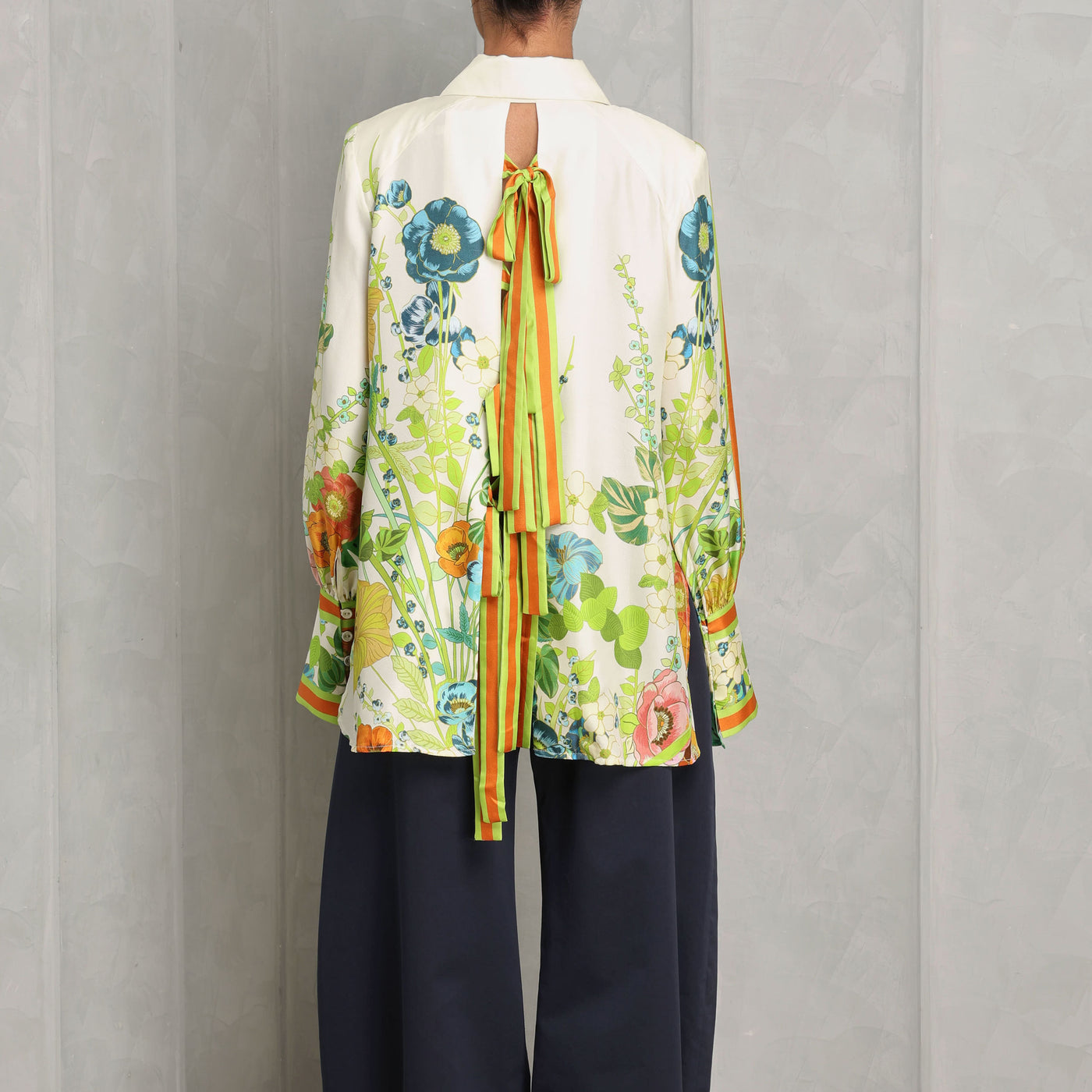 ALEMAIS constance shirt pure silk fabric multicolour print elongated pointed stand collar, fixed shoulders, long sleeves with split cuffs, and a concealed front button placket with self-covered buttons