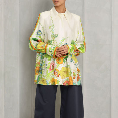 ALEMAIS constance shirt pure silk fabric multicolour print elongated pointed stand collar, fixed shoulders, long sleeves with split cuffs, and a concealed front button placket with self-covered buttons