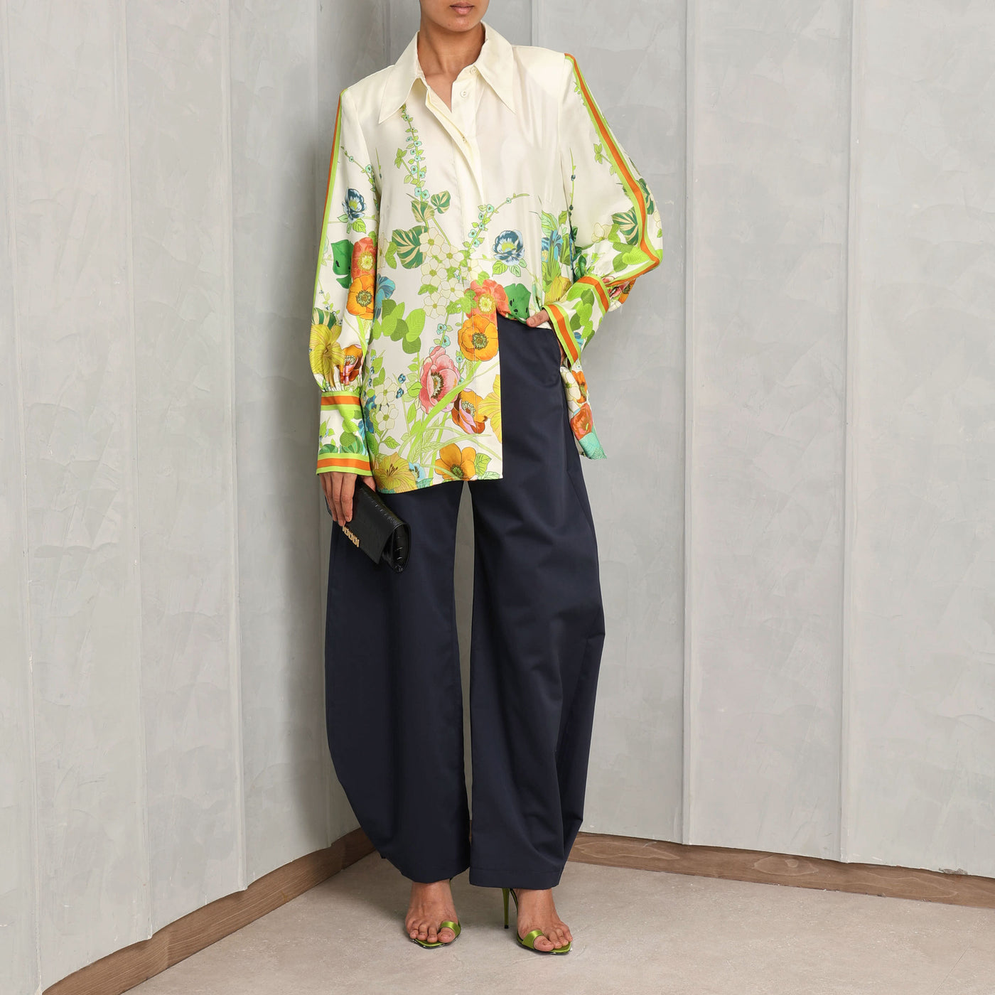 ALEMAIS constance shirt pure silk fabric multicolour print elongated pointed stand collar, fixed shoulders, long sleeves with split cuffs, and a concealed front button placket with self-covered buttons