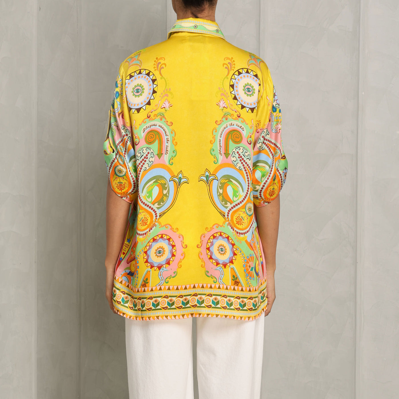 ALEMAIS pinball collared shirt yellow pure silk satin a concealed placket with self-covered eyelet buttons