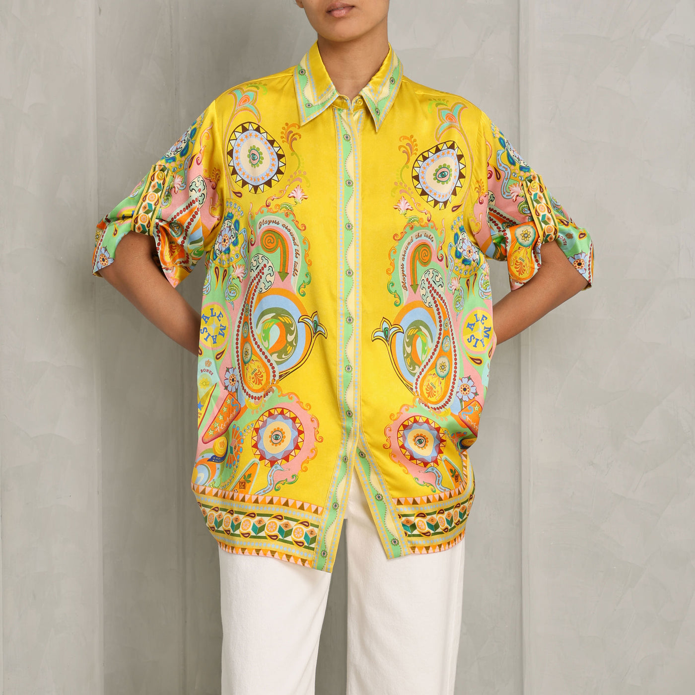 ALEMAIS pinball collared shirt yellow pure silk satin concealed placket with self-covered eyelet buttons 