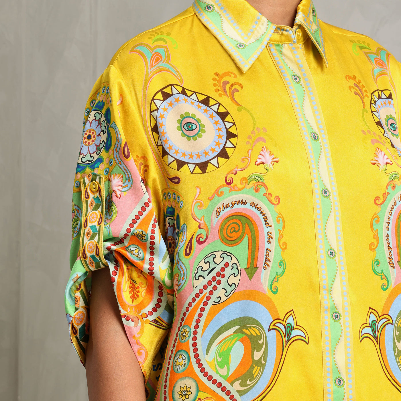 ALEMAIS pinball collared shirt yellow pure silk satin pointed stand collar